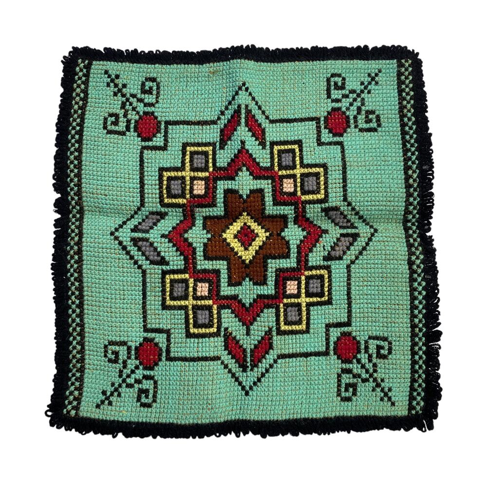 Vintage Preworked Cross Stitch Burlap Floral Decorative Teal Embroidery